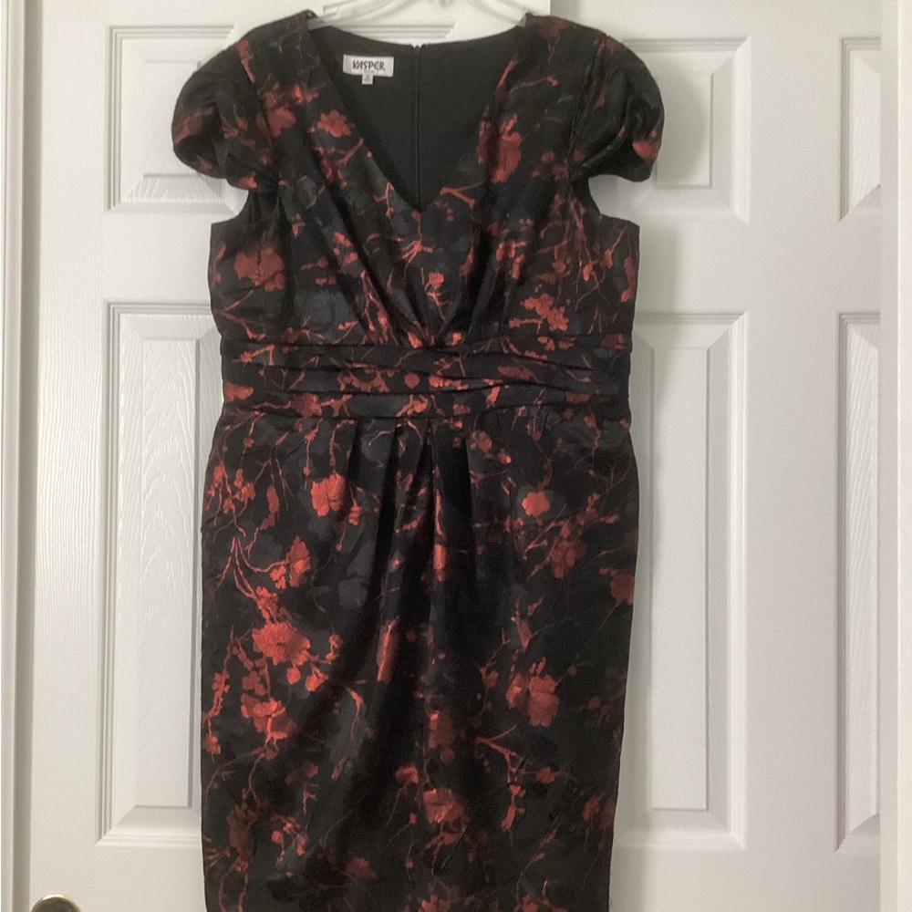 Women’s evening or party dress. Black with red cherry blossom print. Size 16.
